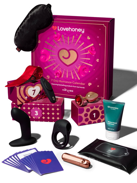 Lovehoney X We-Vibe 7 Day Romance Advent Calendar featuring toys and accessories for couples.