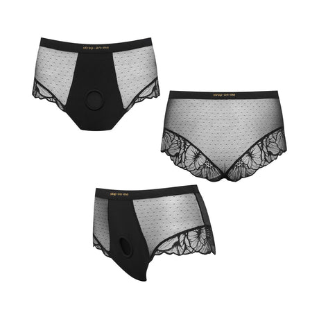 Strap-On-Me Divine Lingerie Harness XS Black featuring elegant high-waisted shorty design in black lace and microfiber.