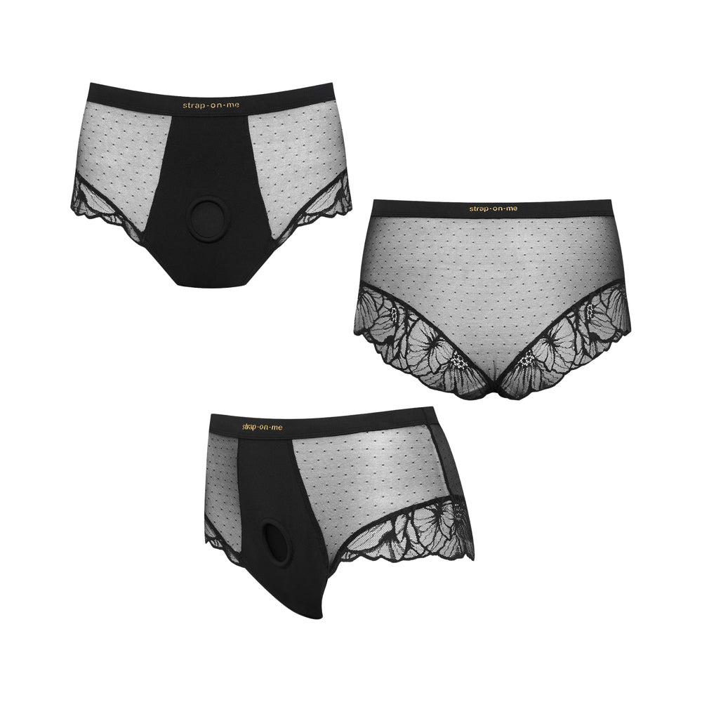 Strap-on-me Divine Lingerie Harness M Black showing a set of stylish black sheer lingerie with a strap-on feature.