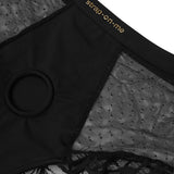 Strap-on-me Divine Lingerie Harness M Black close-up showing fine mesh and structured panel design.