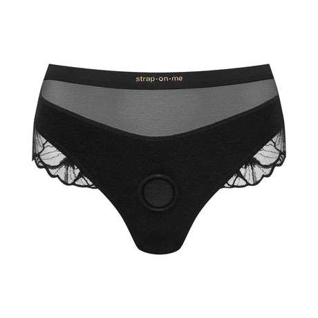 Strap-On-Me Sublime Lingerie Harness Medium Black in black with lace detailing and thong cut.