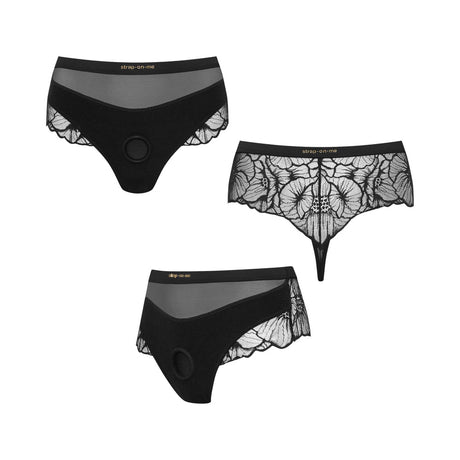 Strap-On-Me Sublime Lingerie Harness Medium Black showcasing layered tulle and lace in a high-waisted thong style.
