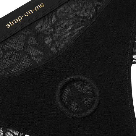 Strap-On-Me Sublime Lingerie Harness Medium Black close-up featuring lace and tulle details for an elegant look.