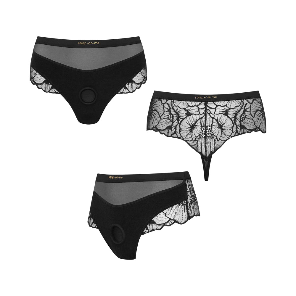 Strap-On-Me Sublime Lingerie Harness XL Black displayed in three styles with delicate lace and sheer design.