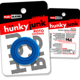 Oxballs Hunkyjunk Roto Grooved Gripper-ribbed Cockring Teal Fizz packaging with silicone cockring on display.