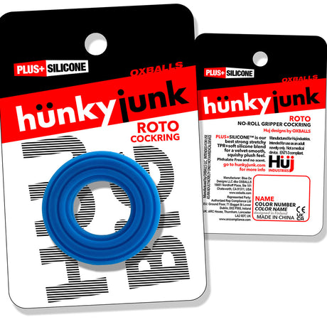 Oxballs Hunkyjunk Roto Grooved Gripper-ribbed Cockring Teal Fizz packaging with silicone cockring on display.