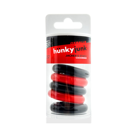 Oxballs Hunkyjunk Jacker 5-stack Five-pack Cockrings Red Black in packaging displaying five ultra-stretchy rings.
