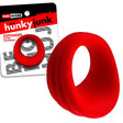 Oxballs Hunkyjunk Expander Slimmer Scoop Style Cockring Red with packaging showing its ergonomic design.