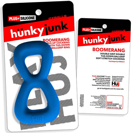 Oxballs Hunkyjunk Boomerang Double Cockring & Nut-tugger Teal Fizz packaging with blue double cockring design.