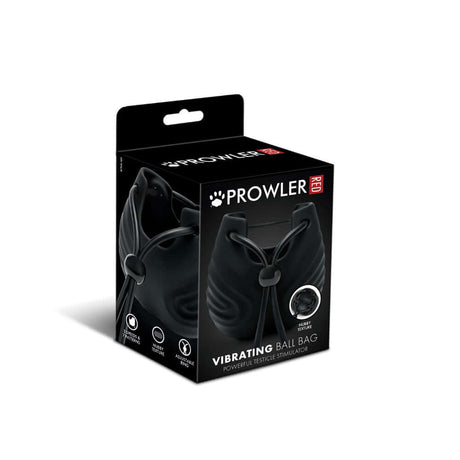 Prowler Red Vibrating Ball Bag package showcasing powerful testicle stimulator design.