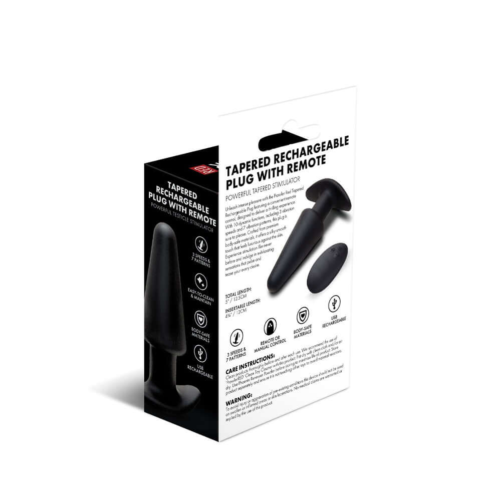 Prowler Red Tapered Rechargeable Plug With Remote packaging showcasing tapered shape and remote features.
