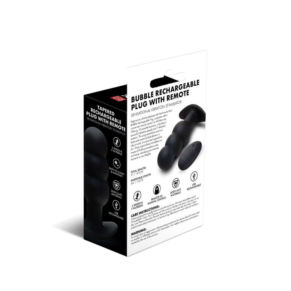 Prowler Red Bubble Rechargeable Plug With Remote packaging showing features and care instructions.