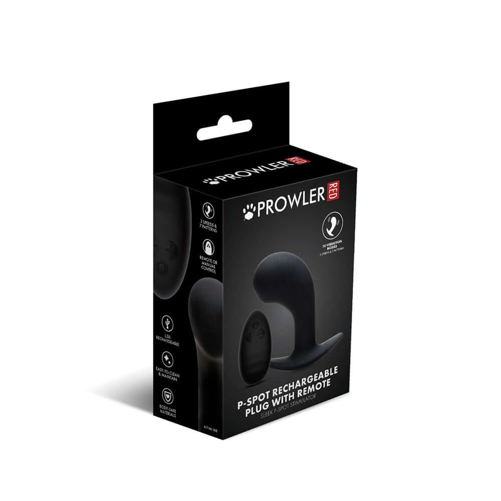 Prowler RED P-Spot Rechargeable Plug with Remote packaging display with ergonomic design for prostate stimulation.
