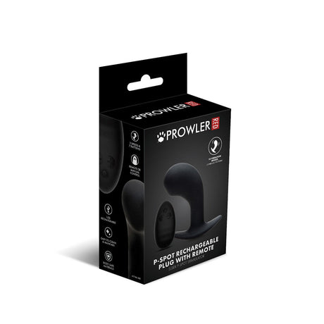 Prowler RED P-Spot Rechargeable Plug with Remote packaging display with ergonomic design for prostate stimulation.