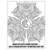F*ck Menopause Sweary Coloring Book of Mandalas illustration featuring intricate mandala design with humorous text.
