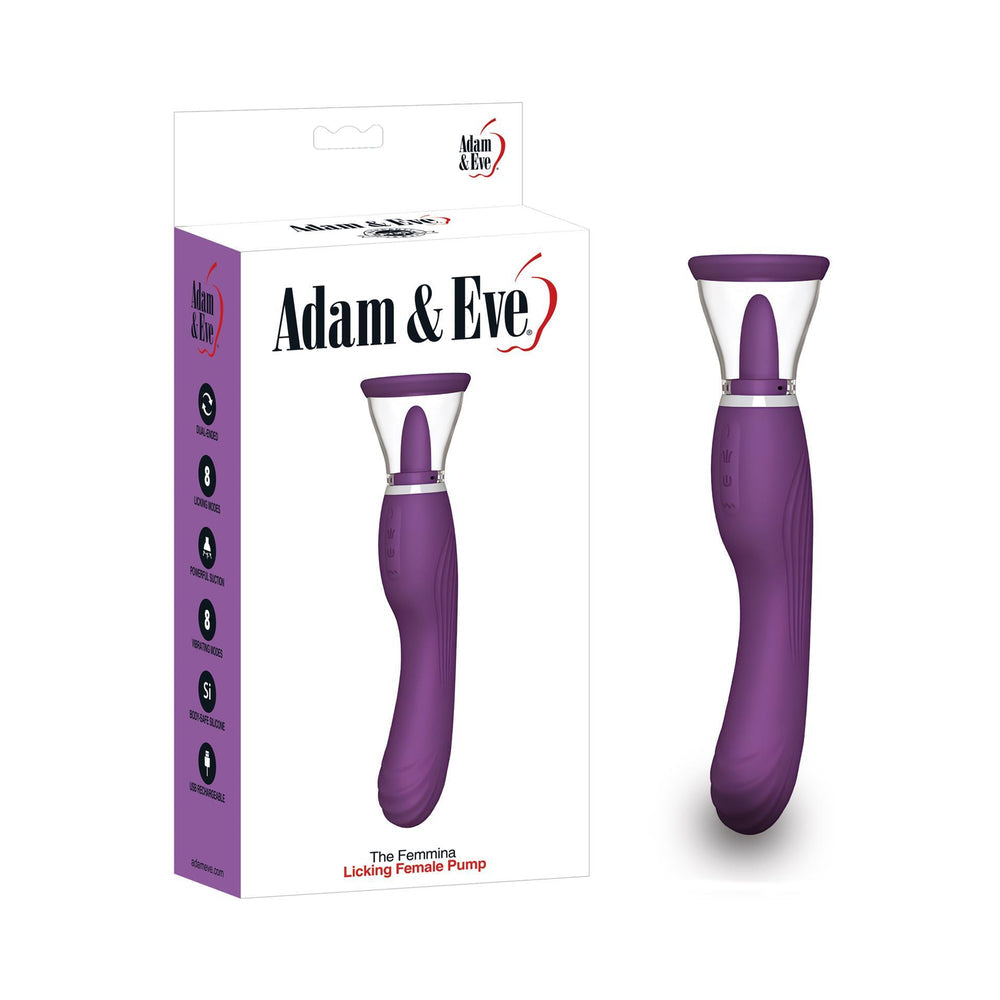 Adam & Eve The Femmina Licking Pump packaging featuring a purple triple-action stimulator for customizable pleasure.