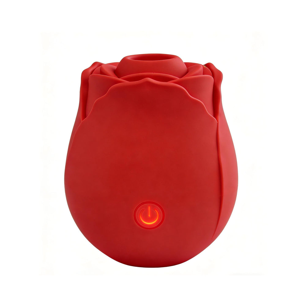 Adam & Eve Eve's Blooms Of Bliss Vibrating & Sucking Rose in red with an illuminated power button.