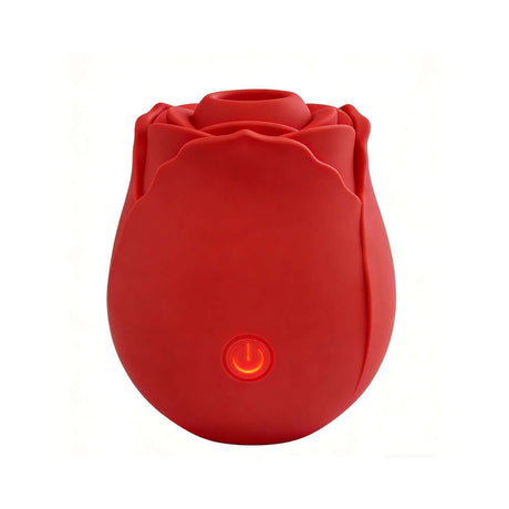 Adam & Eve Eve's Blooms Of Bliss Vibrating & Sucking Rose in red with an illuminated power button.