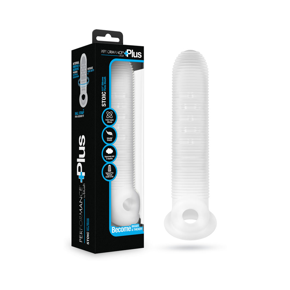 Performance Plus Stoic Silicone Penis Sheath Large in packaging, designed for enhanced size and sensation.