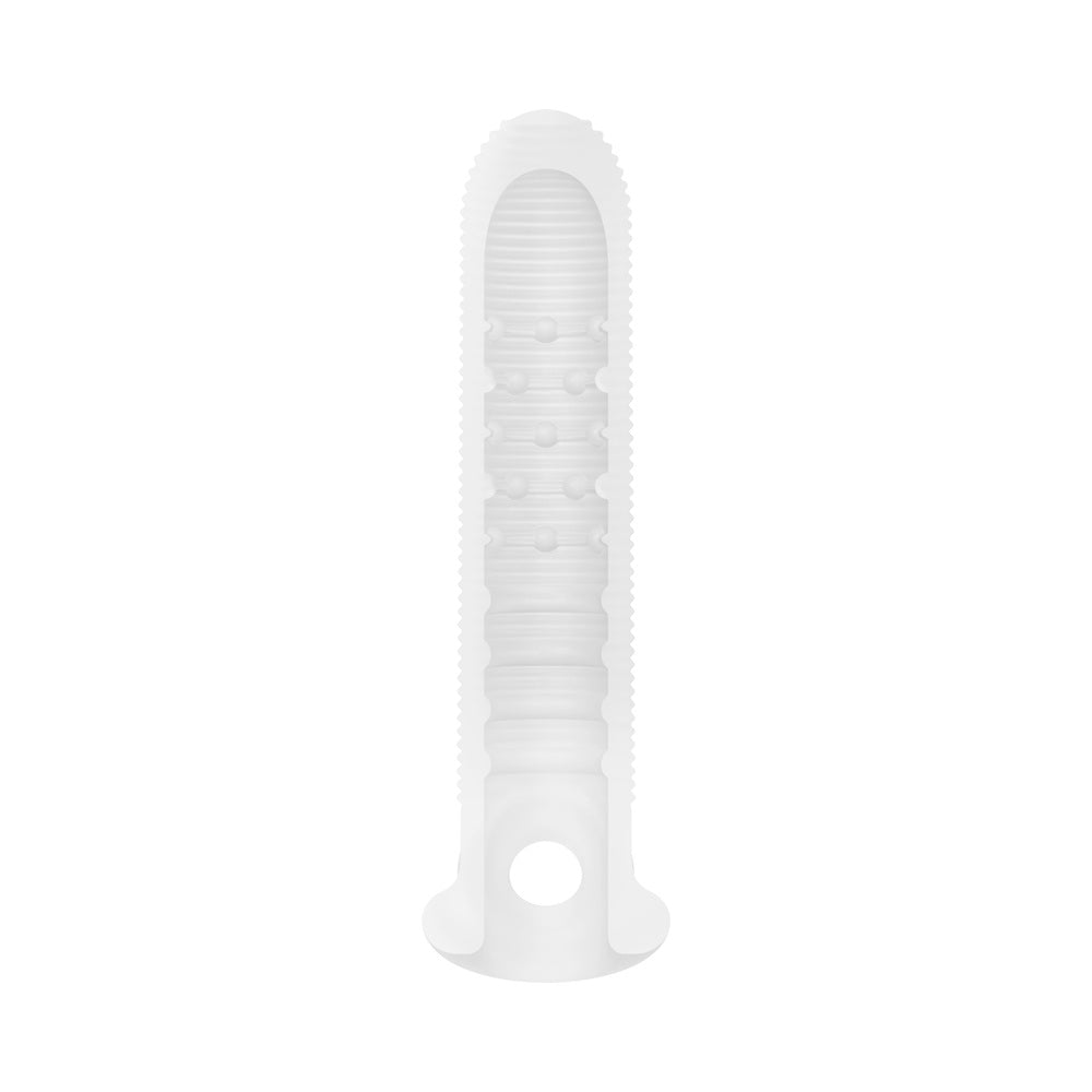 Performance Plus Stoic Silicone Penis Sheath Large, a clear, textured silicone sleeve for enhanced pleasure.