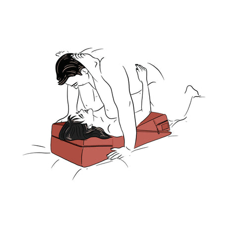 Liberator Wedge & Ramp Sex Combo Original Size Red used by a couple enhancing intimacy and comfort.