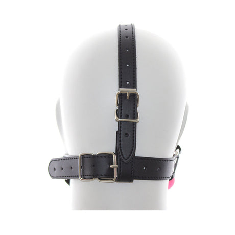Back view of the Ple'sur Face Harness Ball Gag Pink showcasing its adjustable straps and secure fit.