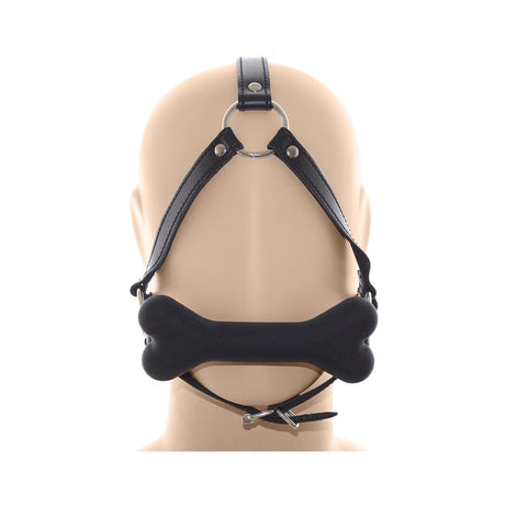 Ple'sur Face Harness Dog Bone Gag designed for dominant-submissive roleplay, featuring a playful bone-shaped bit.