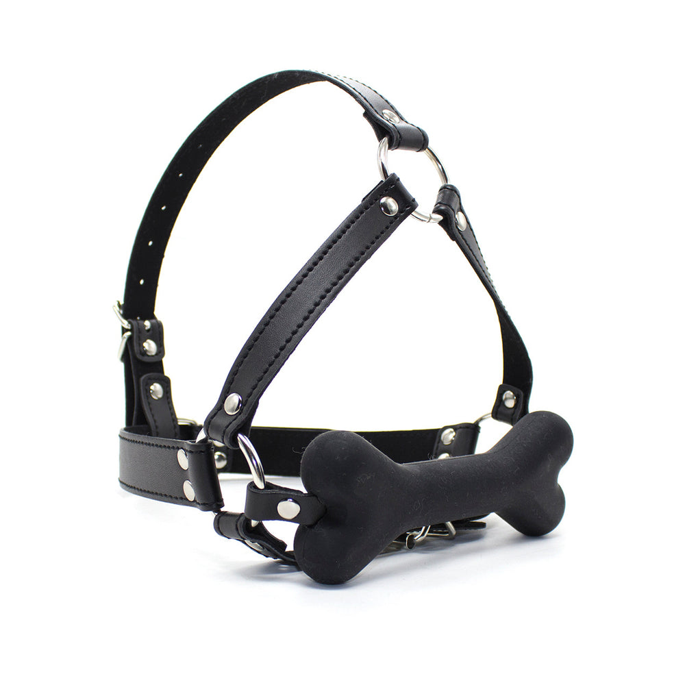 Ple'sur Face Harness Dog Bone Gag featuring a full-face harness and playful bone-shaped bit.