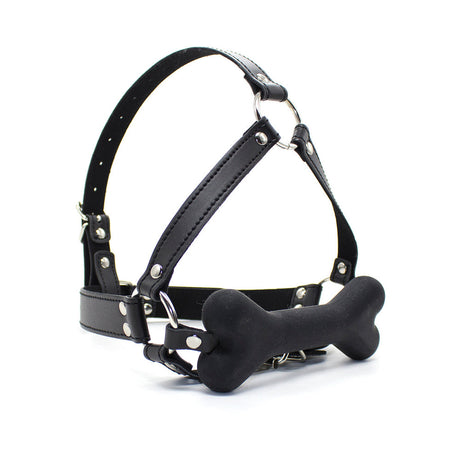 Ple'sur Face Harness Dog Bone Gag featuring a full-face harness and playful bone-shaped bit.