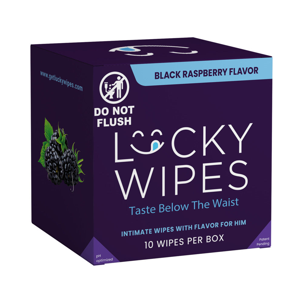 Sweetums Lucky Wipes Black Raspberry Flavor 10 Pack packaging showcasing wipes with flavor for men.