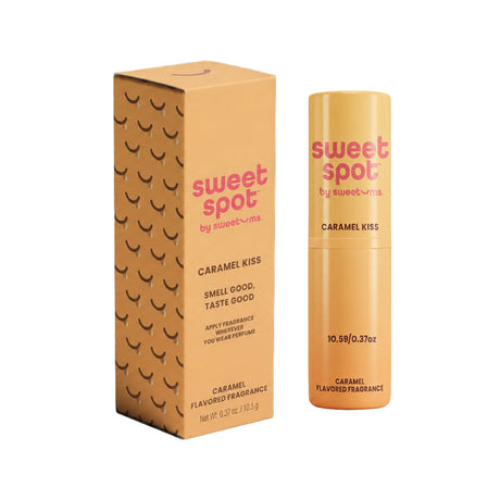 Sweetums Sweet Spot Flavored Fragrance Caramel in packaging and bottle, perfect for playful couples.