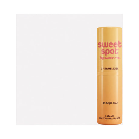 Sweetums Sweet Spot Flavored Fragrance Caramel in a sleek yellow container with a playful design.