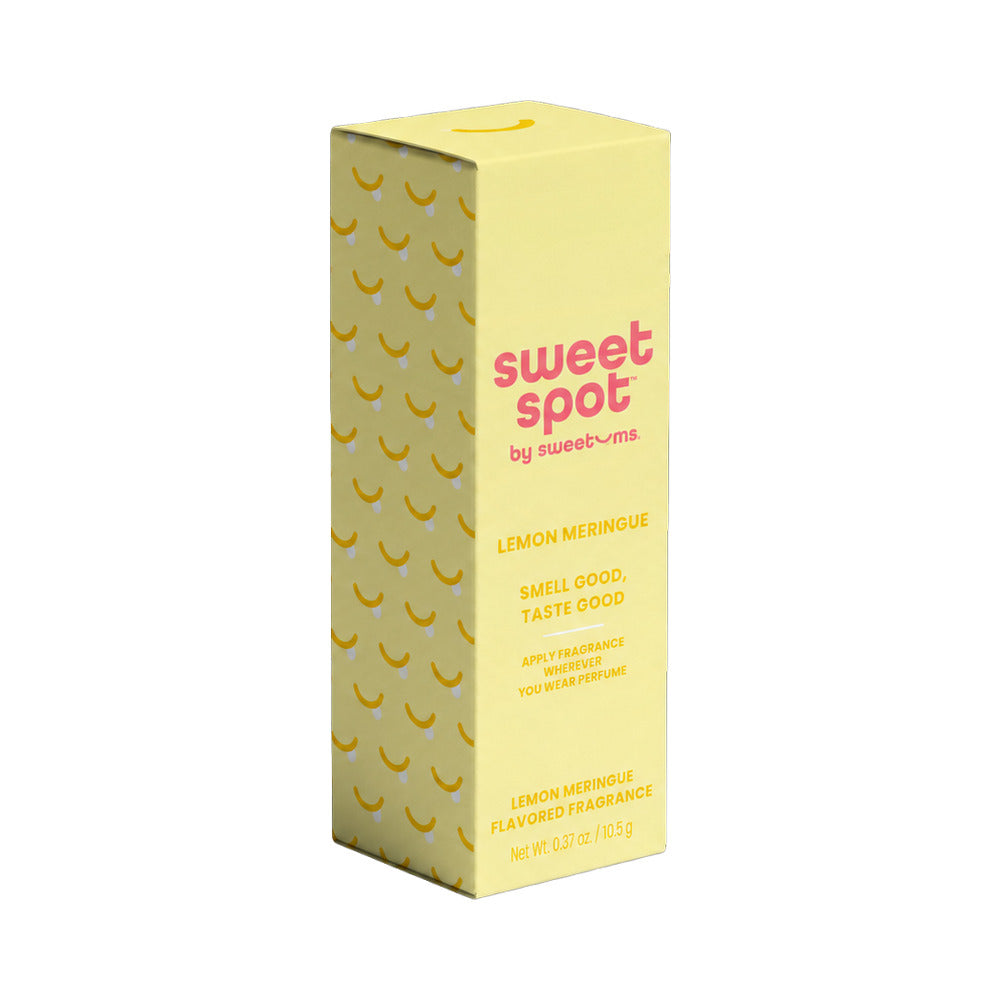 Sweetums Sweet Spot Flavored Fragrance Lemon Meringue packaging with cheerful yellow design and scent details.