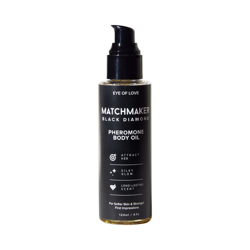 Eye of Love Matchmaker Black Diamond Pheromone Body Oil bottle with pump for a silky glow and long-lasting scent.