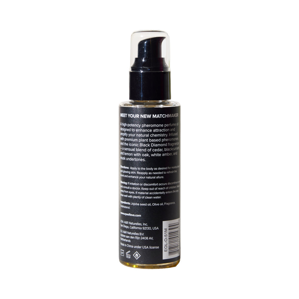Eye of Love Matchmaker Black Diamond Pheromone Body Oil bottle with instructions and ingredients listed.