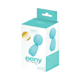 Vedo Eeny Rechargeable Extra Mini Wand Turquoise packaging with product information and features.