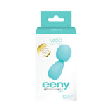 Vedo Eeny Rechargeable Extra Mini Wand Turquoise packaging with 10 vibration modes and award badge.