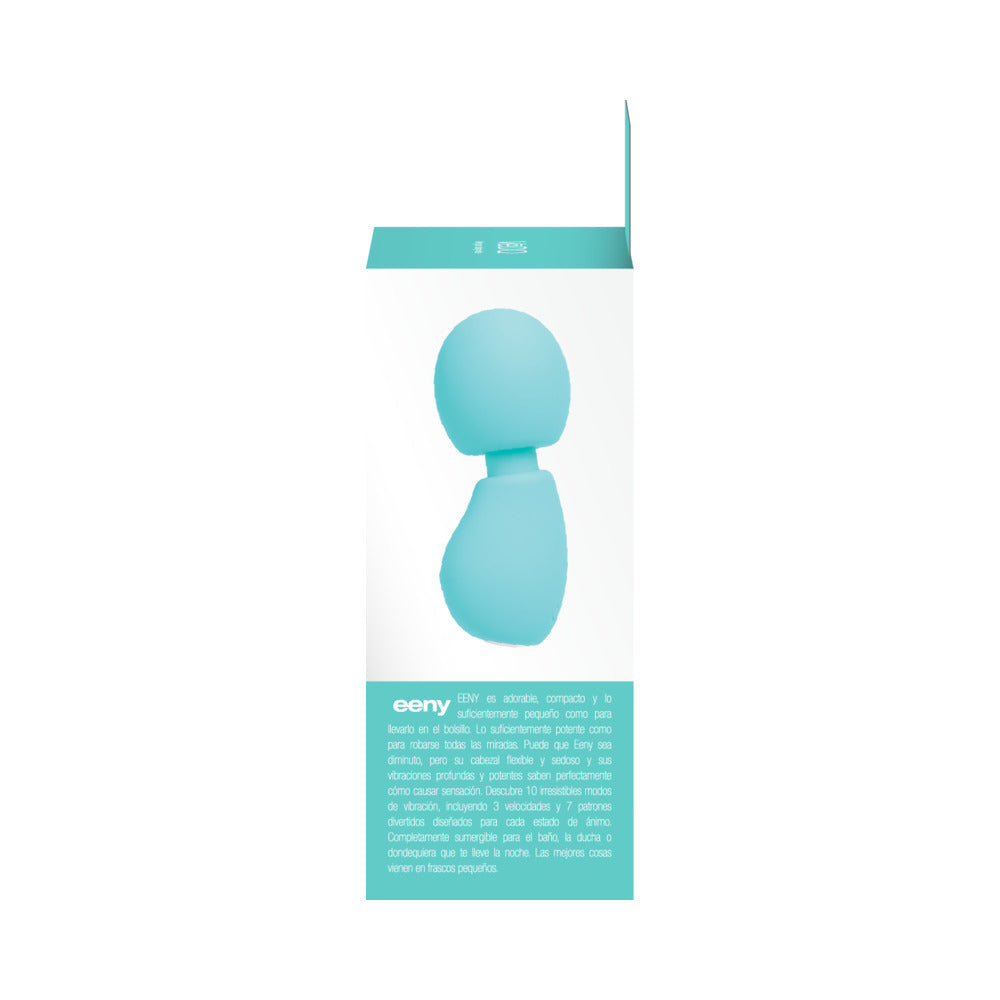 Vedo Eeny Rechargeable Extra Mini Wand Turquoise packaging showcasing its compact design and features.