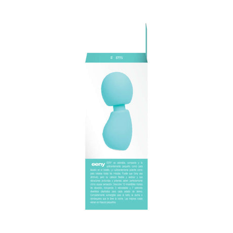 Vedo Eeny Rechargeable Extra Mini Wand Turquoise packaging showcasing its compact design and features.