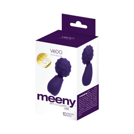 Vedo Meeny Rechargeable Extra Mini Wand Purple packaging showcasing 10 vibration modes and sleek design.