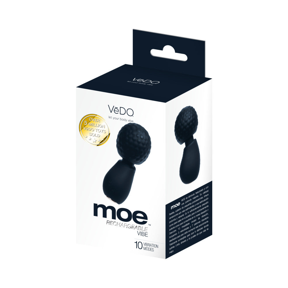Vedo Moe Rechargeable Extra Mini Wand Black packaging with rounded head for on-the-go pleasure and 10 vibration modes.