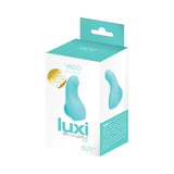 Vedo Luxi Rechargeable Clitoral Finger Vibe Turquoise packaging showcasing its compact design and features.