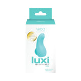 Vedo Luxi Rechargeable Clitoral Finger Vibe Turquoise packaging showcasing the product with 10 vibration modes.