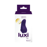 Vedo Luxi Rechargeable Clitoral Finger Vibe Purple packaging showcasing 10 vibration modes.