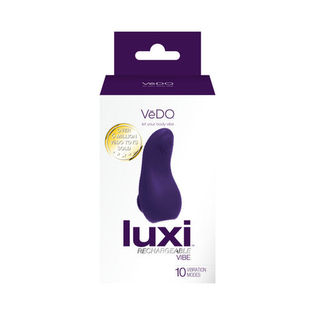 Vedo Luxi Rechargeable Clitoral Finger Vibe Purple packaging showcasing 10 vibration modes.
