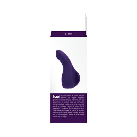Vedo Luxi Rechargeable Clitoral Finger Vibe Purple displayed on packaging for enhanced stimulation and pleasure.