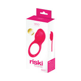 Vedo Riski Rechargeable Clitoral Vibe For Couples Pink packaging featuring sleek design and 10 vibration modes.