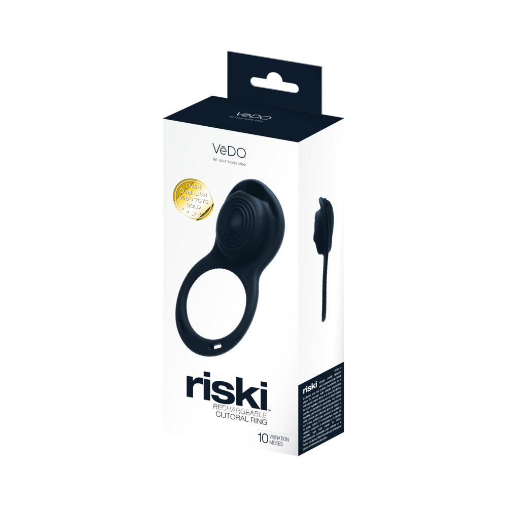 Vedo Riski Rechargeable Clitoral Vibe For Couples Black packaging with vibration modes and sleek design.