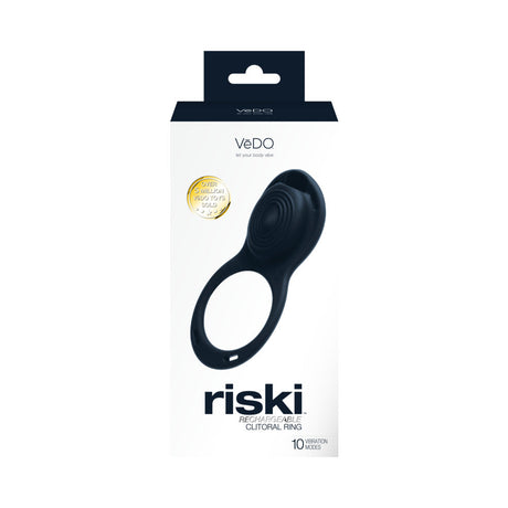 Vedo Riski Rechargeable Clitoral Vibe For Couples Black packaging featuring 10 vibration modes for enhanced intimacy.