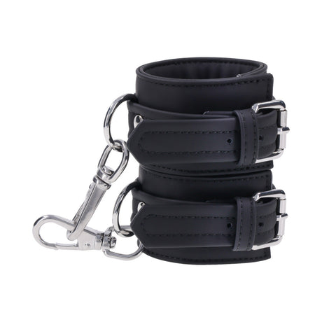 Sportsheets Signature Midnight Muse Handcuffs featuring soft silicone material and sleek silver hardware for refined restraint play.